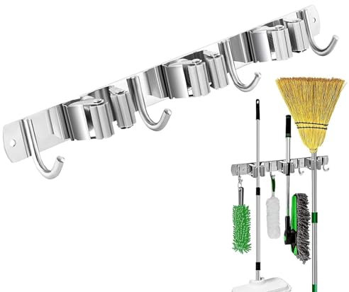 Mop Holder Wall Mount,Garden Tool Rack Organizer - Broom Organizer Racks With 4 Hooks And 3 Slots For Closet Garage Laundry Room Kitchen Decor