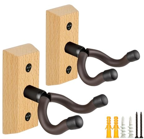 MUSO Guitar Wall Mount Hanger, Nature Wood Hanger, Strurdy Guitar Holder Hook, Fits Acoustic, Classic Guitar, Electric Bass, Cello, Violin, Banjo, Mandolin,Hardwood Made (2-Pack)