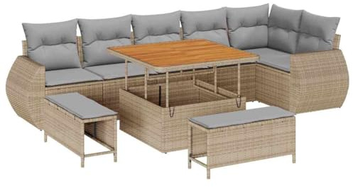 vidaXL 9-delat Trädgårdssoffset med kuddar Beige Poly Rattan Akacia, vidaXL 3-delat Trädgårdsdining set med kuddar Beige Poly Rattan Akacia