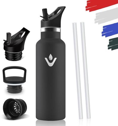 Trinkflasche Edelstahl 500ML, BPA-Frei, Trinkflasche Kinder, Doppelwandig Vakuumisoliert, Wasserflasche, mit Strohhalm, 18/8 Edelstahl, Sportflasche für Schule, Reisen, Fitness - Schwarz