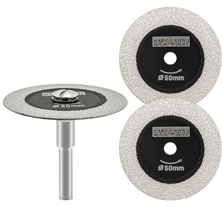 DT-DIATOOL Disco diamantato per taglio vetro，3 Pezzi 50mm Mini lame per sega diamantata con gambo da 6 mm per piastrelle in ceramica porcellana marmo granito pietra artificiale su trapano macchina