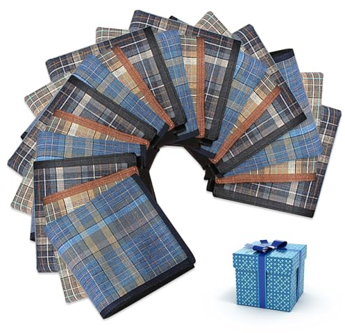 PORFOYO 18 pañuelos para hombre, pañuelos de tela para hombre, algodón, pañuelos tradicionales para hombre, pañuelos de bolsillo grandes con patrón de cuadros