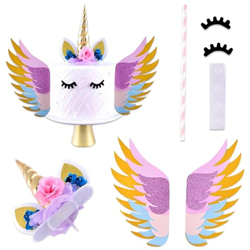 CRTLNYH Einhorn Tortendeko, Kuchen Topper Set mit Flügeln,Einhorn Horn Ohren und Wimpern Torte Deko für Geburtstag Hochzeit Weihnachten Party