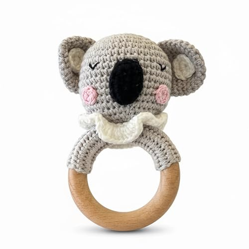 Koala virkad skallra greppleksak – babyskallra från 0 månader | Handgjord 100 % bomull och naturlig träring | salivsäker, giftfri och motorisk | perfekt present till burken