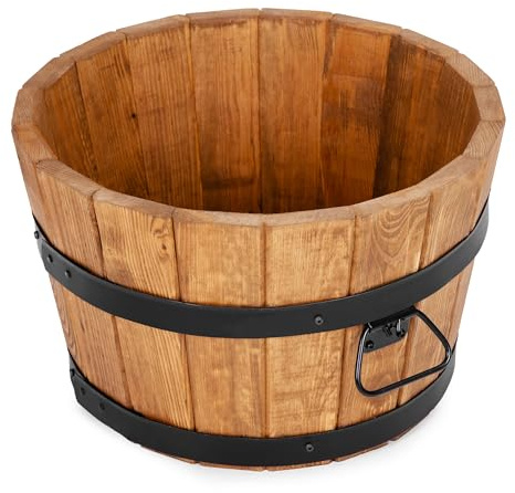 Drewdon Großer Holz Blumentopf Runder Garten Pflanzkübel mit Metallringen Dekoratives Holzfass als Pflanztopf Wetterfeste Blumenkübel für draußen Balkon Terrasse & Garten (Hellbraun, Ø35 x H21)