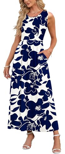 AUSELILY Abito Lungo Senza Maniche Allentato Senza Maniche Estivo Tinta Unita da Donna Abito Lungo Casual con Tasche Bianco Fiore Blu Marino L