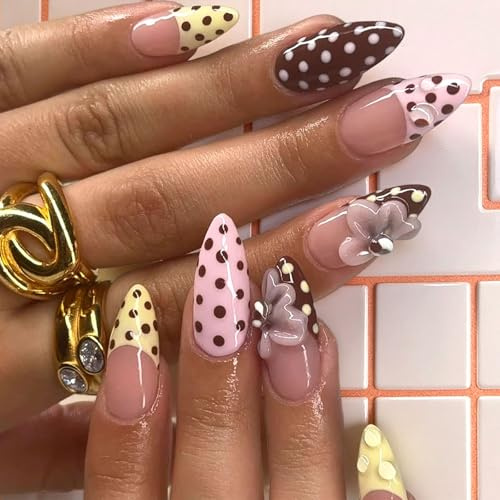 Floruvia Ongles Artificiels à Pois, Taille Moyenne Amande avec Pointe Française et Design Fleur en 3D, Couverture Complète, Ongles Adhesifs Brillants pour Femmes, 24 Pièces