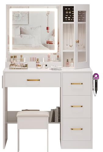 Dressing Table with Mirror and Stool: Vanity Desk with Mirror and Drawers - Makeup Desk with Jewellery Storage, Vanity Dressing Table with LED Lights, Brightness Adjustable, 3 Open Storage Areas