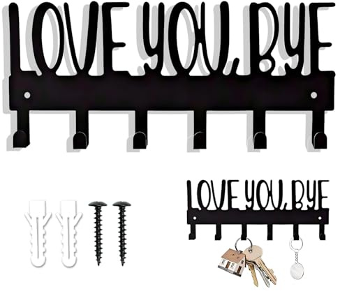 Wall Mounted Metal Key Holder with Love You Bye Sign, Decorative Key Hooks with 2 Pcs Nails for Entryway Front Door Hallway Home Organization, Holds Keys Coats Hats (Black, 1 Set)