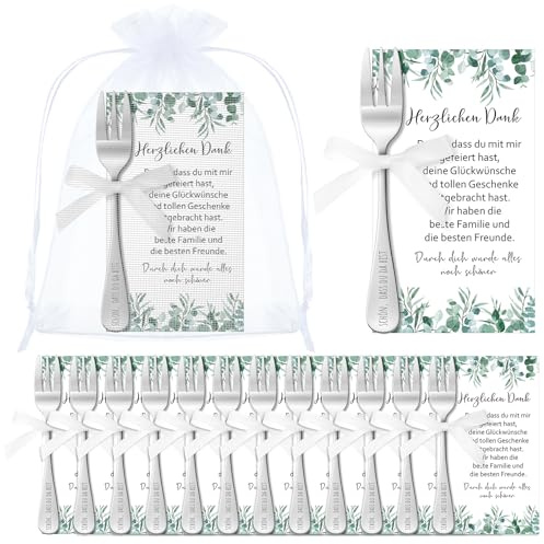 Tenare 12 Stück Hochzeit Geschenk für Gäste Polterabend Gastgeschenke Taufe Geburtstag Jugendweihe Kuchengabeln Mit Gravur Schön Dass Du Da Bist Organzabeutel Dankeskarten Satinband