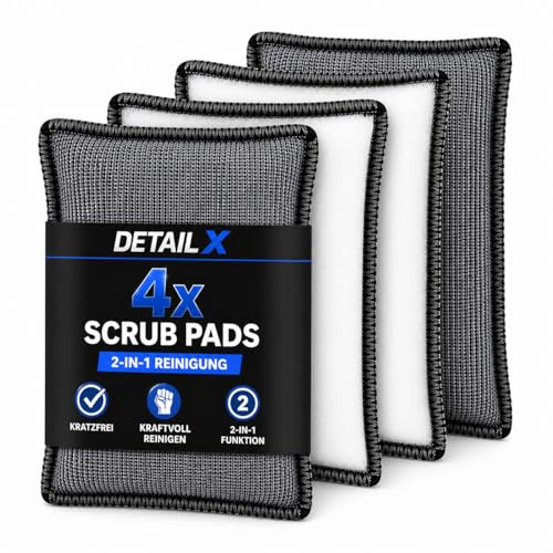 Detail X Reinigungschwamm 4er Set – Auto Innenraum Scrub Pad mit Mikrofaser & Scrub-Seite für Kunststoff, Leder, Polster, Cockpit & Armaturen – waschbar, kratzfrei, 14,5 × 9 cm
