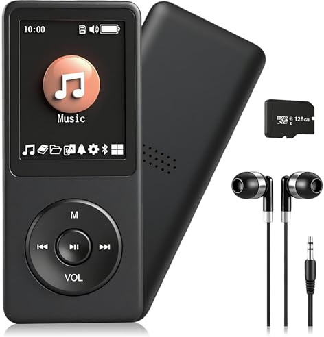 128GB MP3 Player with Bluetooth 5.2 Portable Multi-Function Music Player with HD Speaker,FM Radio, Voice Recorder, E-Book Slim Design Metal Shell (Earphones Included)