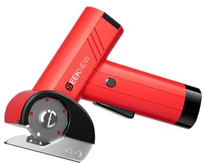 SEEKNEW Cordless Electric Scissors with LED Display, 4-Speed Adjustment Power Box Cutter for Cardboard Recycling, 4 Blades & Front Light, USB-C Rechargeable Fabric Scissors for Plastic Leather, Red
