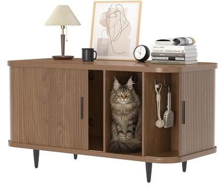 BACEKOLL Kattlådeskåp med rulldörrsdesign, Mid-Century kattskåp i trä för stora katter, dold kattlåda med förvaringsutrymme och stabila metallben, 105 x 50 x 58 cm, valnöt