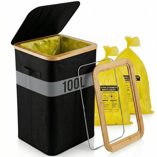 GROWZELT Gelber Sack Ständer 100L mit Deckel & Edelstahlring - Neues Design | Dieser Geruchsabweisende Müllsackständer ist Extrem Robust | Ein Langlebiger Gelber Sack Ständer für Ihre Mülleimer Küche