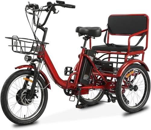 KAKIGO Elektrisches Dreirad für Erwachsene mit 2 Sitzplätzen und Beifahrersitz, 48V 15Ah Akku, Klappbares Motorisiertes Trike mit Hinterem Korb für Damen und Senioren