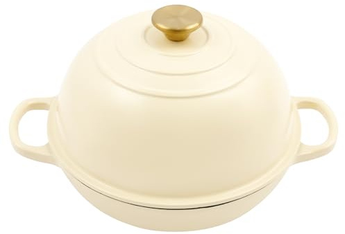 Tousuarsi Rostiera in ghisa per cuocere il pane, 2,2 l, grande capacità, per pane croccante fatto in casa, pentola in ghisa con coperchio curvo (bianco/rosso/blu) (bianco)