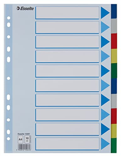 Esselte Register für A4, 10er Pack mit je Deckblatt und 10 Trennblätter mit Taben, Mehrfarbig, Robuster Kunststoff, 15261