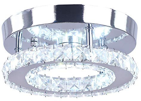 Dixun Contemporary Mini Crystal Chandelier Flush Led Ceiling Light Finish Chrome Pendant for Living Room, Kitchen, Office, Bedroom, Dining Room, Island (White Round)