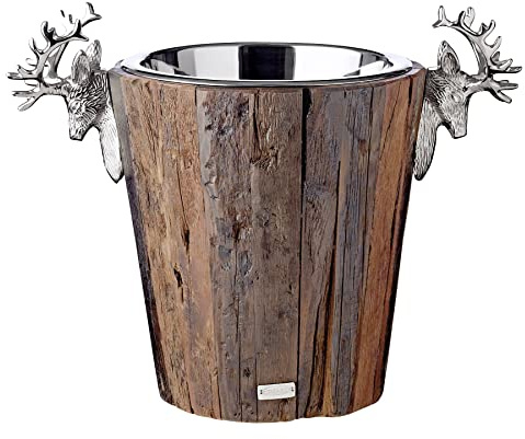 EDZARD Enfriador de Botellas Milwaukee, Altura 29 cm, Madera, con inserción de Acero Inoxidable, Asas con diseño de Cabeza de Ciervo, Enfriador de champán, Enfriador de Vino