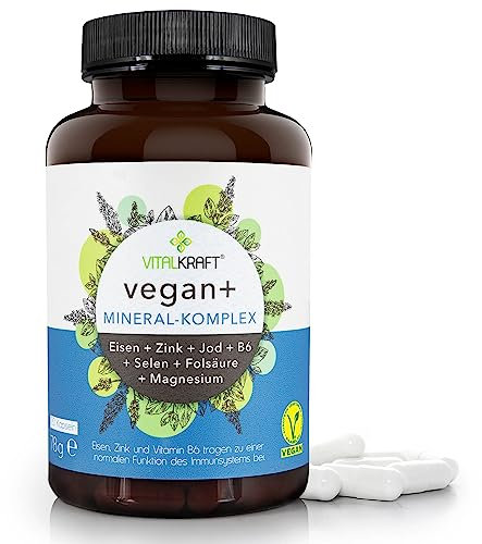 VITALKRAFT Vegan+ Mineral-Komplex-hochdosierte Kapseln mit Magnesium, Eisen, Zink, Jod, Selen, B6 und Folsäure. Laktosefreie und glutenfreie Nahrungsergänzung