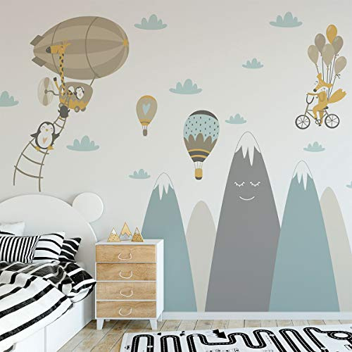 Ambiance-Sticker Wandaufkleber, selbstklebend, für Kinder, Riesen-Dekoration, skandinavische Berge für Kinderzimmer, Baby/fliegende Tiere, 50 x 90 cm, 1 Stück
