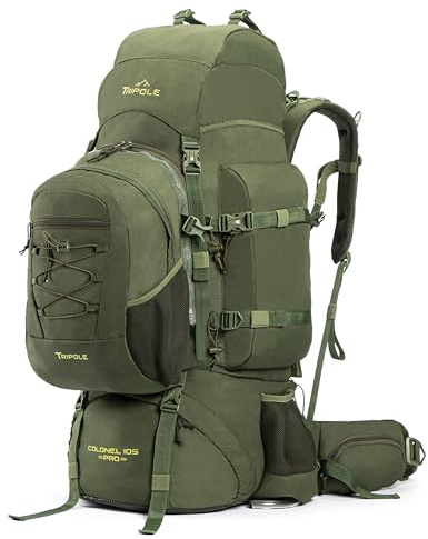 Tripole Colonel Pro Metal Frame Rucksack | Frontöppning | Avtagbar väska | Regnskydd | 3 års garanti (105 liter, Army Green)