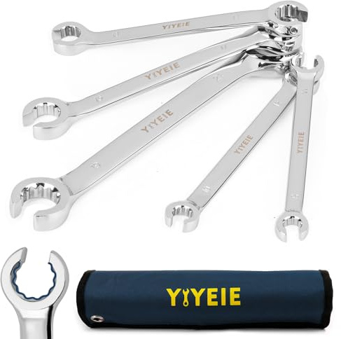 YIYEIE Brake Pipe Spanner Set 5-Pc, 10 Size | 9, 10, 11, 12, 13, 14, 15, 17, 19, 21mm | Flare Nut Spanner | CR-V Steel with Laser Scale | Double End Open Ring Spanner for Brake Line, Hydraulic
