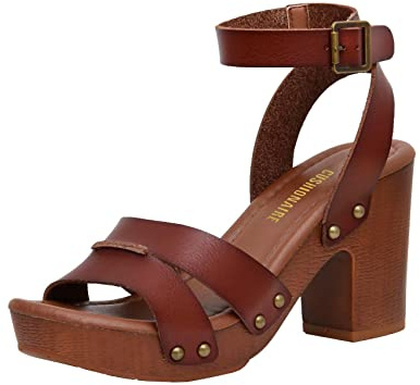 Dunes Sandra Faux Wood Block Womens Heels with Ankle Strap – Chunky Western Platform Sandals Women Comfort with Memory Foam, WHISKEY 7