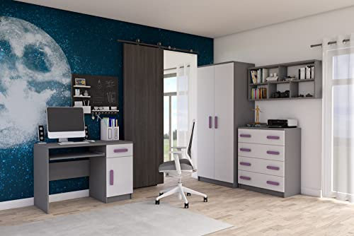 Fabryka Mebli Idźczak 4-teiliges Kinderzimmer-Set Jonas II 02 - Schrank, Wandregal, Kommode, Schreibtisch - Kleiderschrank - Skandinavischer Stil - Modern Design - Weiß/Heidekraut