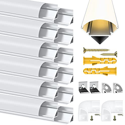 Angdarun LED Profil, V-Form 12 Stück x1M, LED Aluminium Profil für Led Leiste, Led Eckprofil/Kanal, mit Milchiger Weiß Abdeckung, Eckverbinder, Montageclips für LED-Streifen (V-Form-12 Stück)