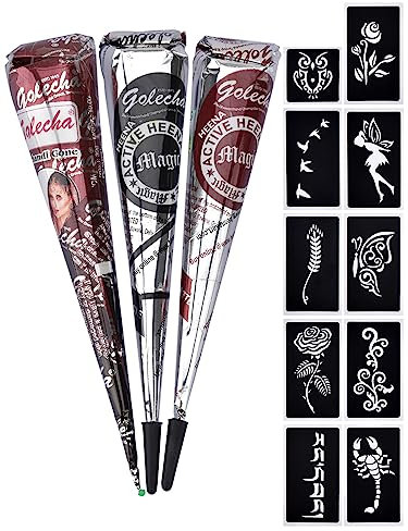 eLander 3x Henna Tattoo Temporäre Tattoo Natürliche + 10x Henna Tattoo Schablone,Temporäre Mehndi Tattoos, Natürliche Kegel, Tattoo sticker, Temporäre Tätowierung (Schwarz, Braun, Rotbraun)