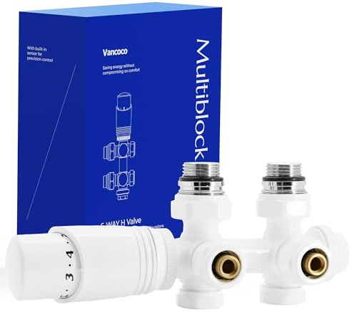 Vancoco Universellt multiblock kit för centralanslutning radiator med 50 mm termostatventiler för radiator och värmare vit