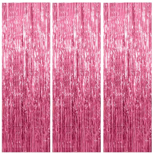 3 Pack Pink Backdrop Birthday Party Decorations Tinsel Foil Fringe Curtains Backdrop Streamer Bachelorette Christmas Graduation Wedding Princess Pink Theme Party Decorations
