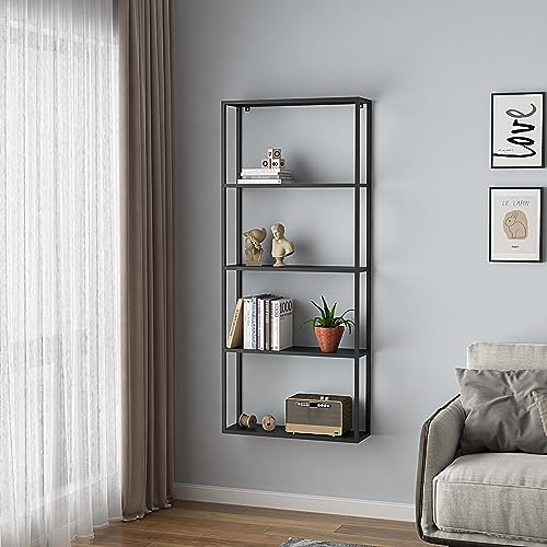 [en.casa] Wandregal Jämijärvi Regal Wandmontage Bücherregal mit 4 Ablagefächern Hängeregal 140 x 60 x 18 cm Schweberegal Stahl Schwarz