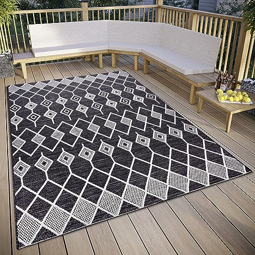 Elle Decoration Pitu In- & Outdoor Teppich – Outdoorteppich Makramee Boho Ethno Muster Flachgewebe, Wetterfest Außenteppich für Wohnzimmer, Flur, Balkon, Terrasse, Garten – Schwarz Creme, 77x150cm