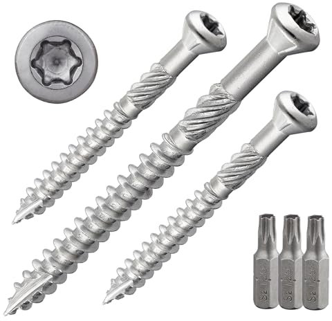 Terrassenschraube mit Zierkopf und TX-Antrieb | gehärteter Edelstahl C1 | inkl. 3 x S2-Bits | Schaftfräser + Cutspitze | unterkopfverstärkt mit Fräsrippen | mit ETA-Zulassung | 5 x 40 mm, 1000 Stück