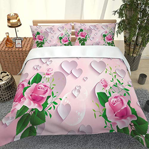 MAYNUO Copripiumino Una Piazza E Mezza 200x200 Cm Set Piumino Morbida Chiusura A Cerniera 3D Cuore Di Rosa Motivo Stampa Stampa 2 Federe 50x75 Cm Con Federa Adatto Adulto Letto Matrimoniale