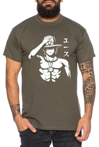 Ace Hat - Herren T-Shirt Straw Hat Luffy Zoro One Monkey D. Pirat Ace Piece Goku Anime Ruffy, Größe:XL, Farbe:Khaki