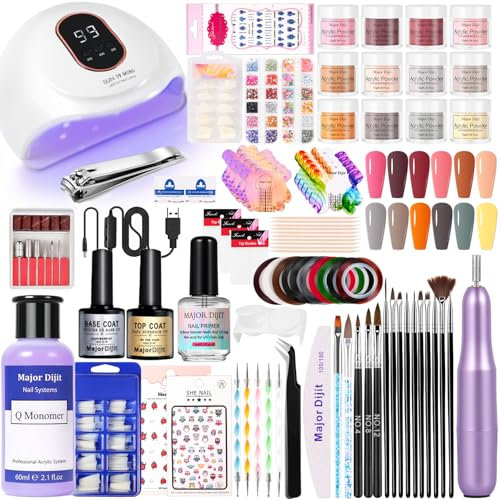 Major Dijit Acryl Nägel Set mit Nagelfräser, 12 Farben Acrylpulver, Acrylflüssigkeit, Top Coat, Base Coat und Nail Primer, Komplettes DIY Nagelkunst Set für Anfänger, für Heim-Salon & Geschenk