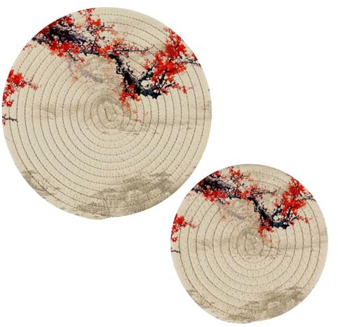 Chinese Flower Red Plum Blossom Trivets for Pots Heat Resistant Trivet Mats Hot 2Pcs Purpose Pot Holders Trivets for Kitchen Kitchen Accessories