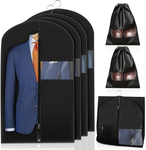 4 Kleidersack mit 2 Schuhtaschen - Kleidersäcke mit Reißverschluss, Klarsichtfenster -100x60cm Kleiderhülle für Anzüge, Kleider, Jacken, Hemden - Wasserdicht, Schimmelresistent, Insektenabweisend