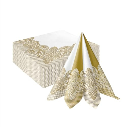 PAW - Tovaglioli di Carta Colorati - Airlaid (40 x 40 cm) I 50 Pezzi I Ideale per Matrimonio, Battesimo, Comunione, Compleanno I Tovaglioli Stoffa Colorati I Rovescio Pizzo Reale Oro-bianco