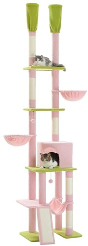 PETEPELA Kratzbaum deckenhoch Katzenturm mit großen Condo einstellbare Höhe 216cm-285cm, 5 Tiers Katzensaktivitätszentrum mit gemütlichen Hängematte, Plattformen und Dangling Balls rosa