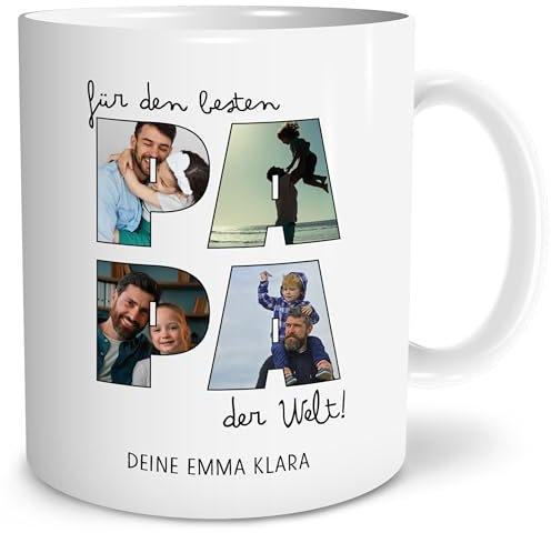 OWLBOOK® Foto Tasse Bester Papa mit 4 Fotos & Spruch selbst gestalten | Fototasse mit eigenem Bild & Text | Geschenke Geburtstag Weihnachten Vatertag | Fotogeschenke Vatertagsgeschenke | 300ml