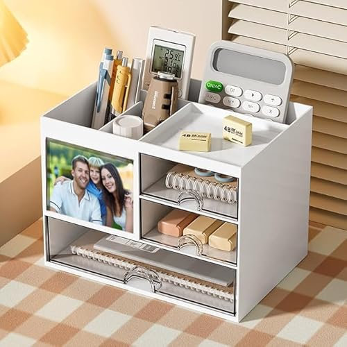 SOSINYA Skrivbordsorganisatör med låda, förvaringslåda, organiserare för kontorsmaterial i plast för kontor, skola, hem, stapelbar, pendel, smink (A)