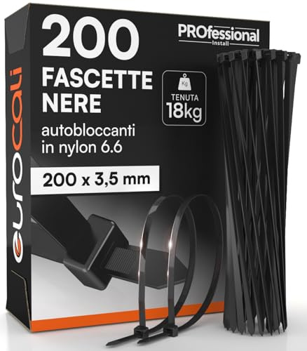 200 Fascette Stringicavo in Nylon 6.6 200x3,5mm Tenuta 18Kg per Cavi e Cablaggi Autobloccanti per Elettricista e Fai da Te Serraggio con Denti Antiscivolo Resistenti Fuoco Calore e Gelo Colore Nero