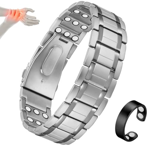 Cigmag Magnetarmband Herren Reines Titan Armband Dreireihig Faltschließe | ultrastarke Magnete, verstellbar, wasserdicht, 3500 Gauss, silber, inklusive Magnetring, Einstellwerkzeug und Geschenkbox