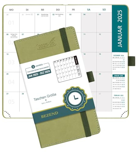 BEZEND Agenda 2 ans 2025 2026 - 16,8 x 9,7 cm - 1 mois sur 2 pages de jan 2025 à décembre 2026 - Couverture rigide - Planificateur mensuel avec poche intérieure - Kiwi