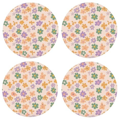 Untersetzer mit niedlichem Blumenmuster, bedruckt, abgerundete Untersetzer für Getränke, saugfähig, 4 Stück, für Tee, Kaffee, Holz, leichte und hitzebeständige Untersetzer mit Korkboden für Schutz,